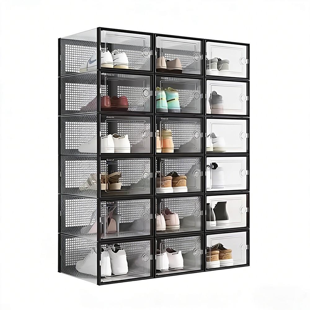 Sneaker Case - 12個入り透明プラスチック製靴収納ボックス、前面開き扉付き、積み重ね可能な通気性のある靴オーガナイザーコンテナ、折りたたみ式スニーカーディスプレイケース、クローゼットや寝室のスニーカー収納用